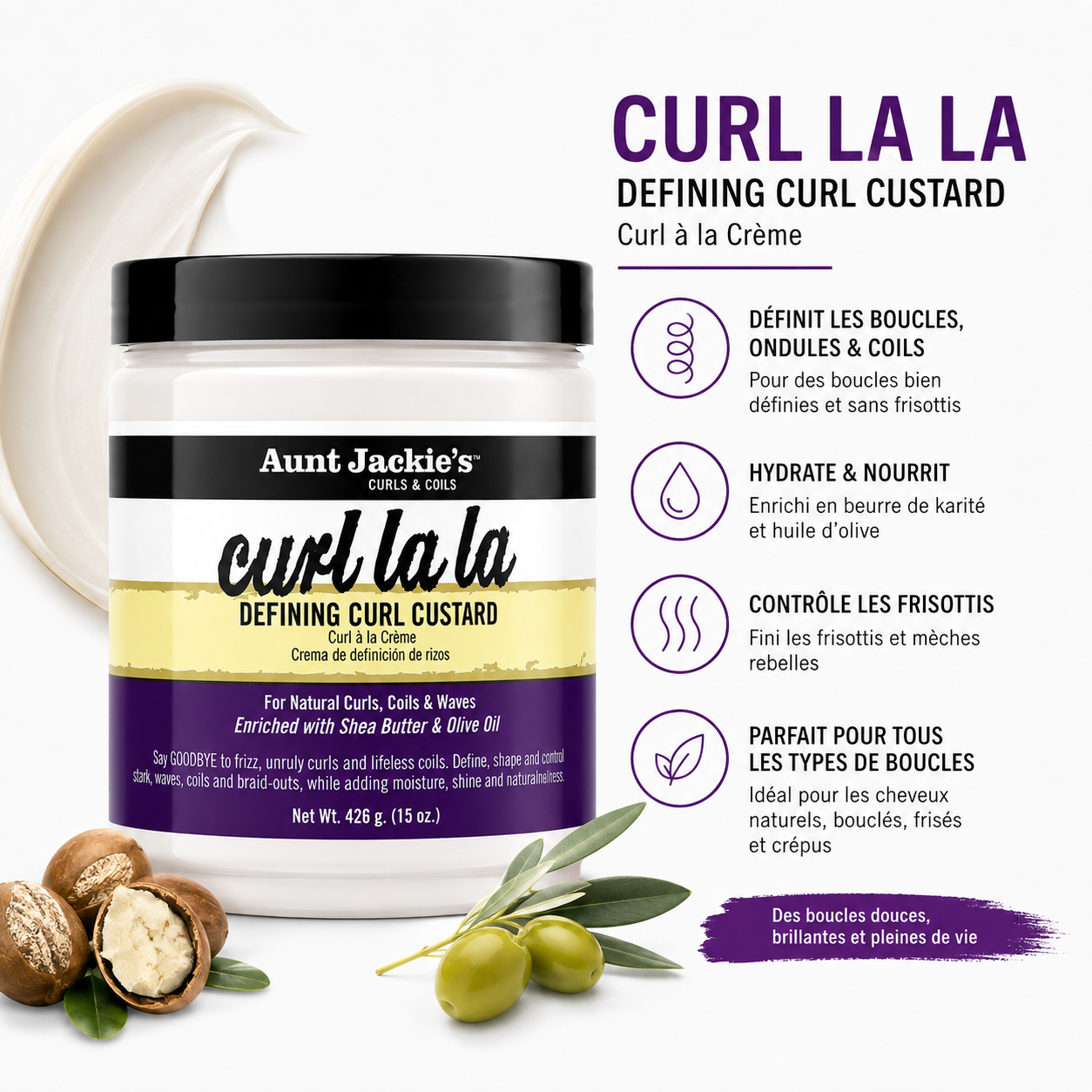 Aunt Jackie’s Curl La La Defining Curl Custard – Crème Définition Boucles, Anti-Frisottis & Hydratante – 426 g