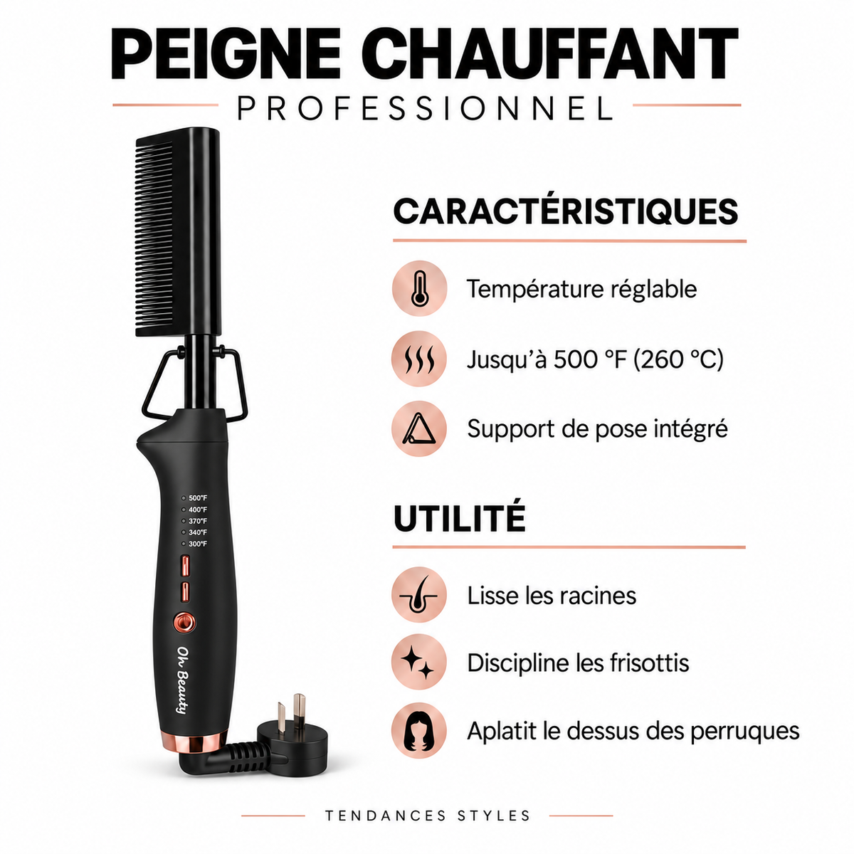 Peigne chauffant professionnel Oh Beauty – Lissage des racines et perruques 500°F