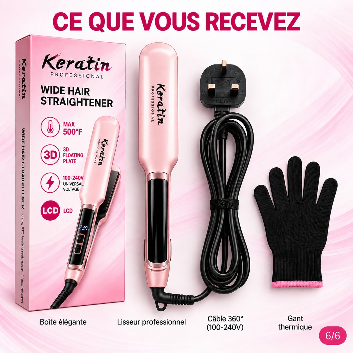 Keratin Lisseur Professionnel à Plaques Larges – Écran LCD, Température jusqu’à 500°F