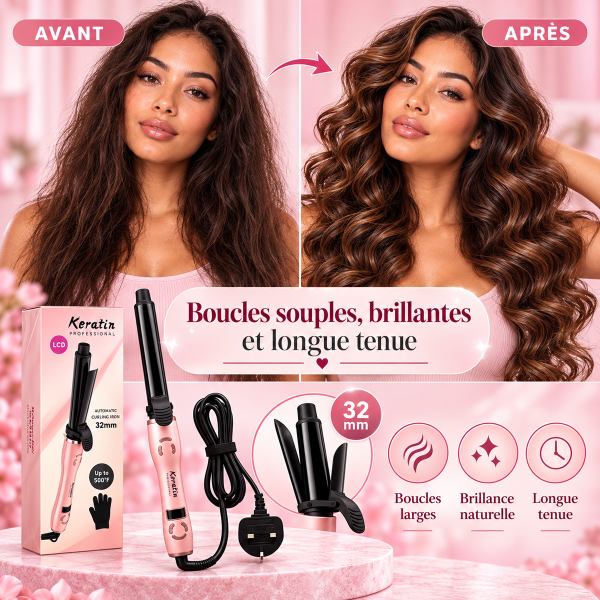 Keratin Fer à Boucler Professionnel 32 mm – Écran LCD, jusqu’à 500°F