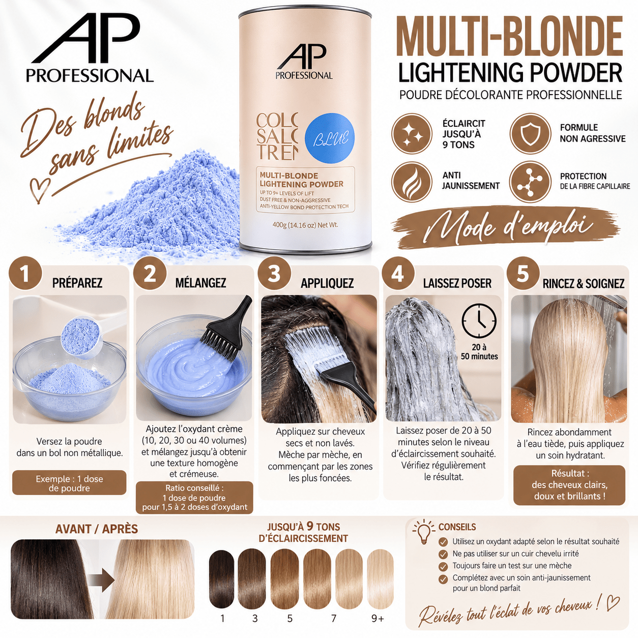 AP Professional Multi-Blonde Lightening Powder – Poudre Décolorante 400 g - TENDANCES STYLES
