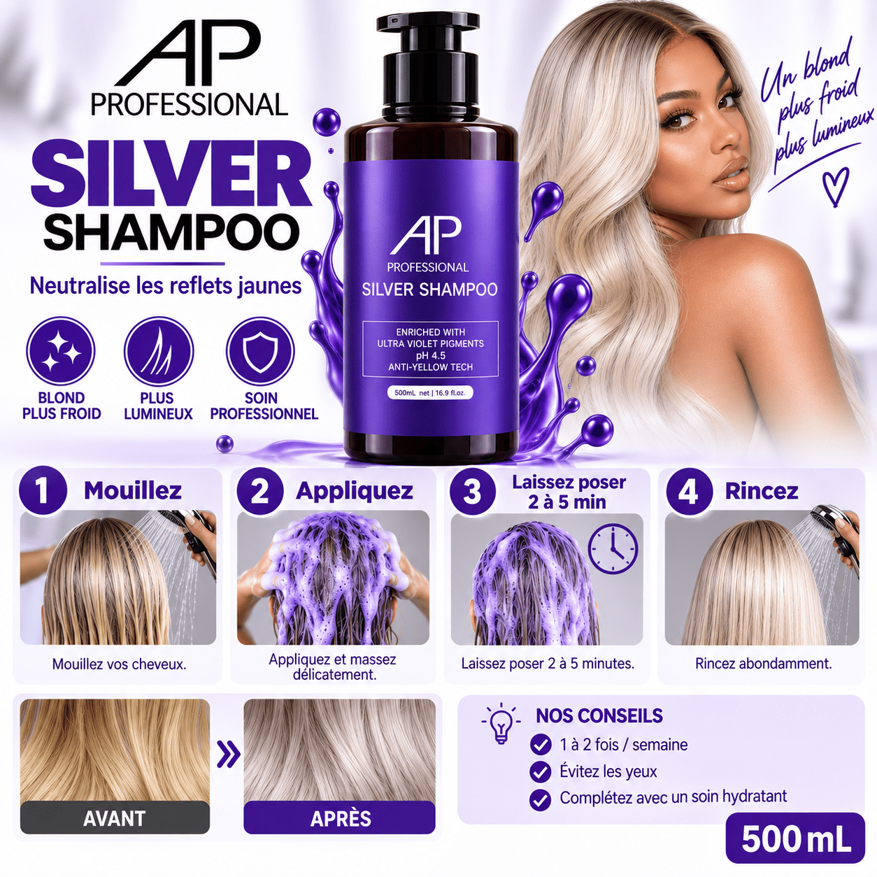 AP Professional shampooing violet Anti-Jaunissement – 500 ml - TENDANCES STYLES