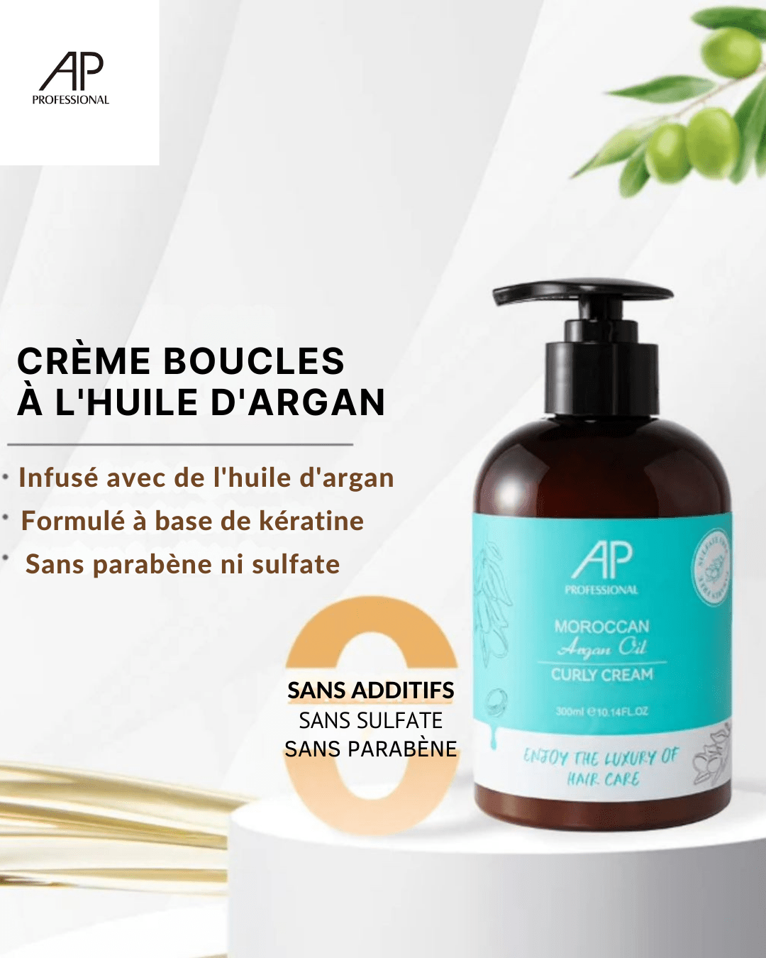 AP Professionnel Crème pour cheveux bouclés à l'huile d'argan sans sulfate 300ml - TENDANCES STYLES