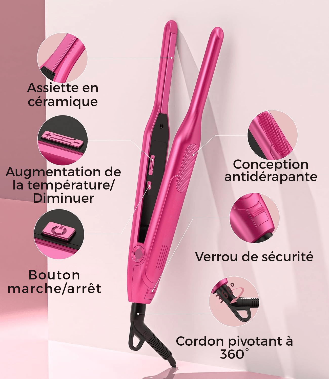 Mini Lisseur professionnel Cheveux Court, Fer à Lisser chaleur max 500° - TENDANCES STYLES