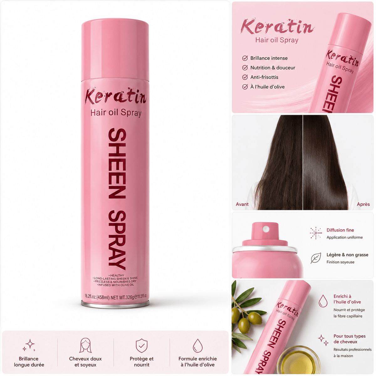 Spray Brillance à la Kératine – Hair Oil Sheen Spray 458 ml - TENDANCES STYLES