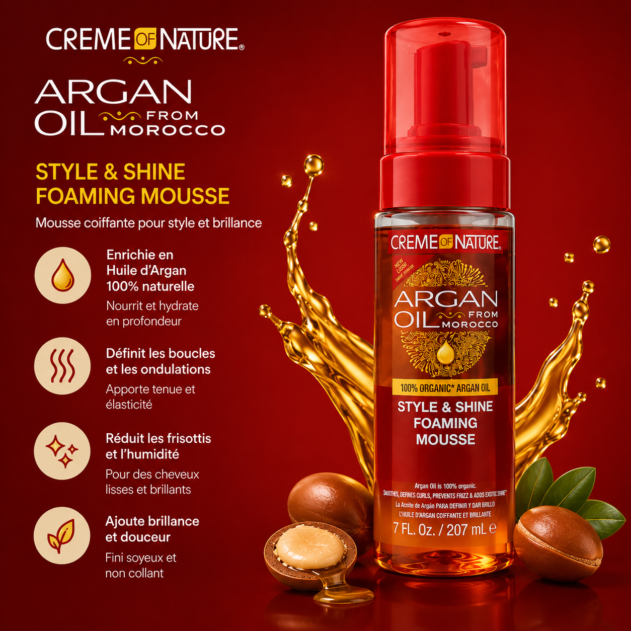 Creme of Nature Argan Oil Style & Shine – Mousse Coiffante Définition & Brillance 207 ml