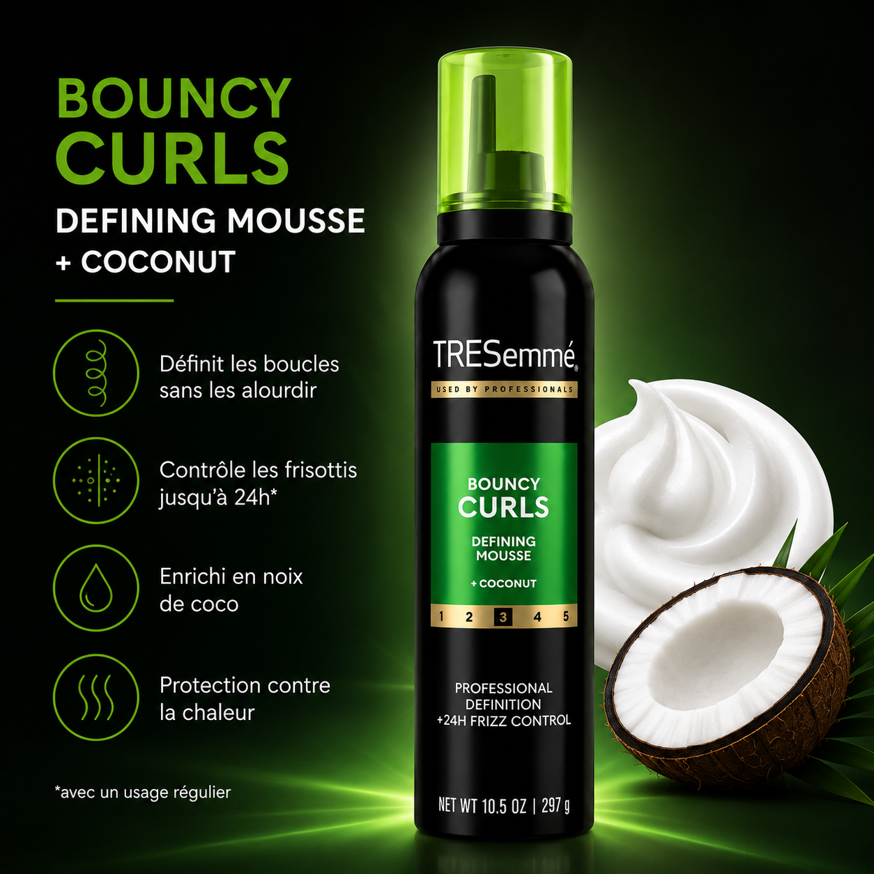 TRESemmé Bouncy Curls Defining Mousse + Coconut – Mousse Définition Boucles & Anti-Frisottis 24H – 297 g