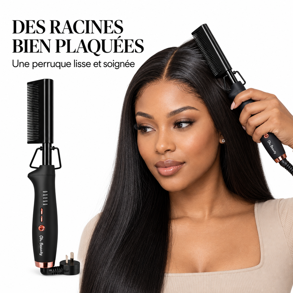 Peigne chauffant professionnel Oh Beauty – Lissage des racines et perruques 500°F