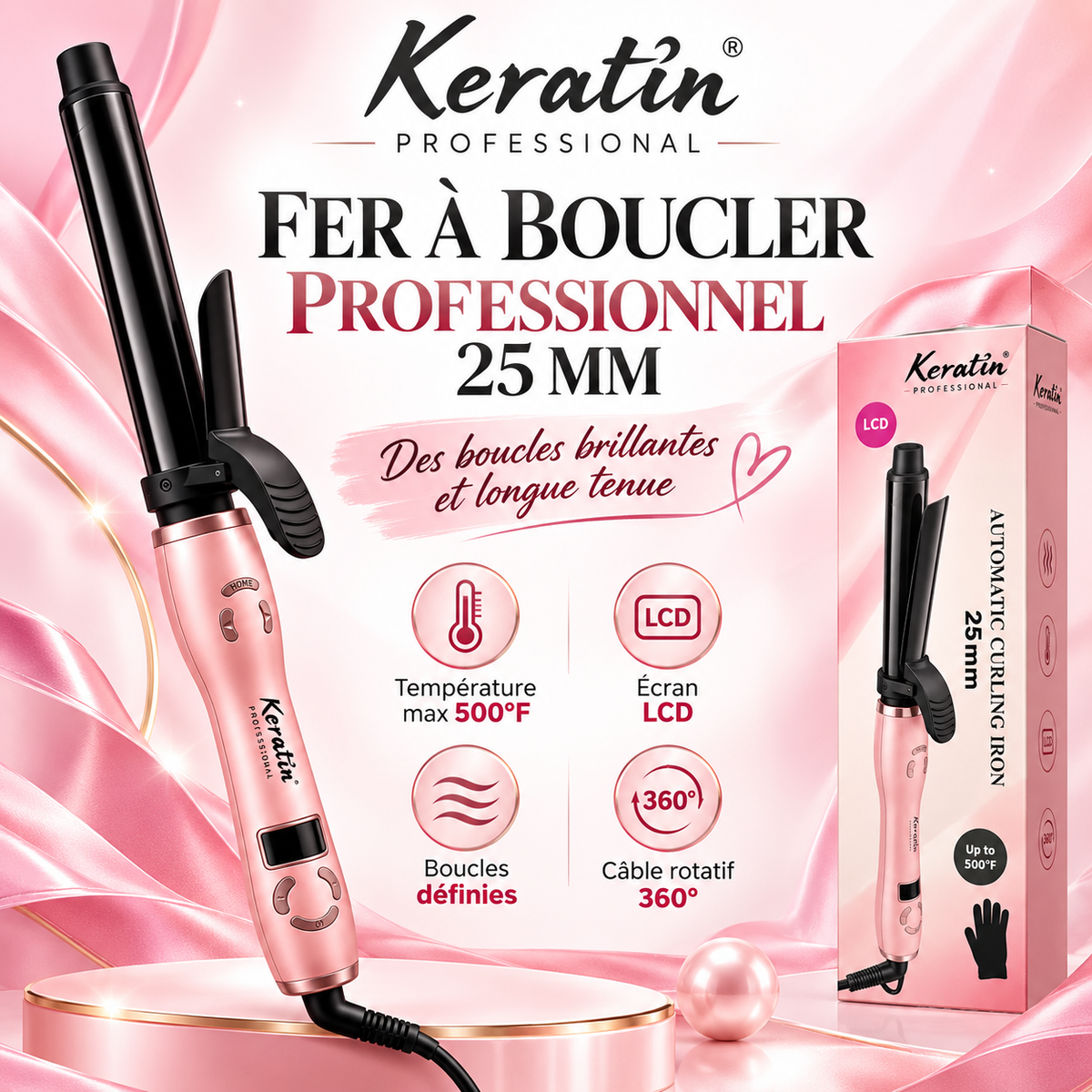 Keratin Fer à Boucler Professionnel 25 mm – Écran LCD, jusqu’à 500°F