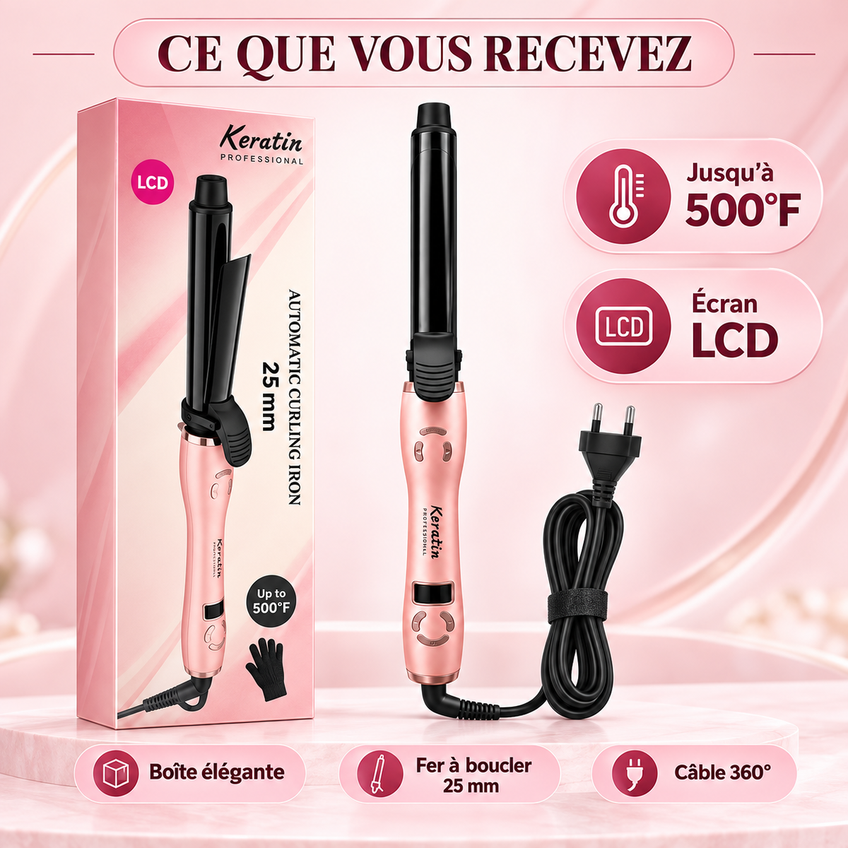 Keratin Fer à Boucler Professionnel 25 mm – Écran LCD, jusqu’à 500°F