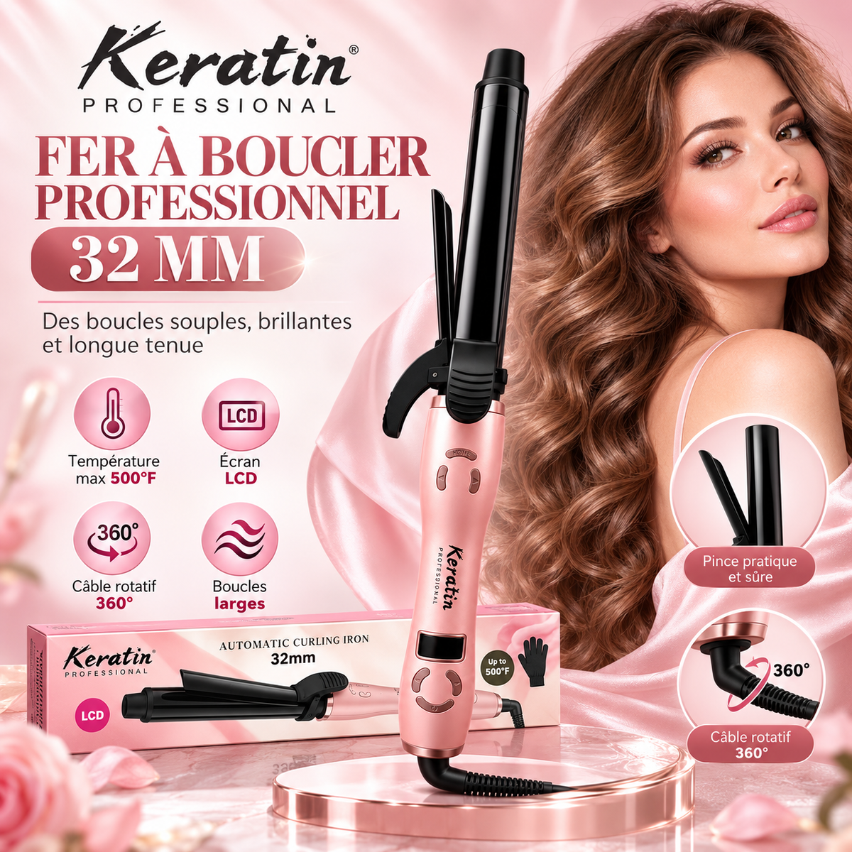 Keratin Fer à Boucler Professionnel 32 mm – Écran LCD, jusqu’à 500°F