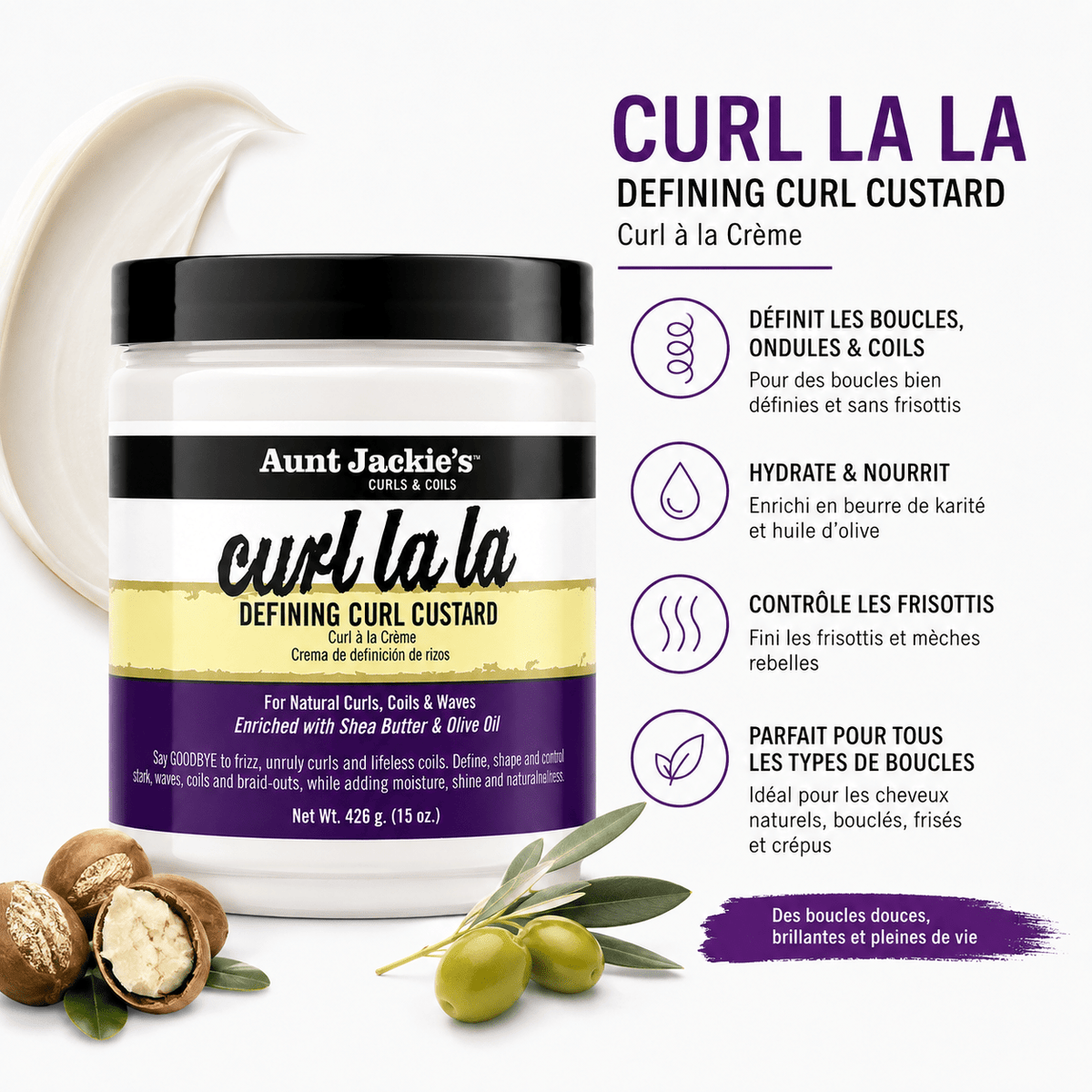 Aunt Jackie’s Curl La La Defining Curl Custard – Crème Définition Boucles, Anti-Frisottis & Hydratante – 426 g - TENDANCES STYLES