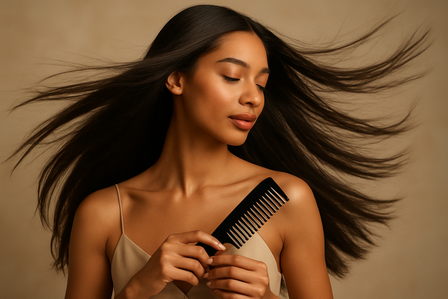 générez une vidéos une belle femme métissé avec des cheveux lisse au vent tenant un peigne a cheveux dans les mains