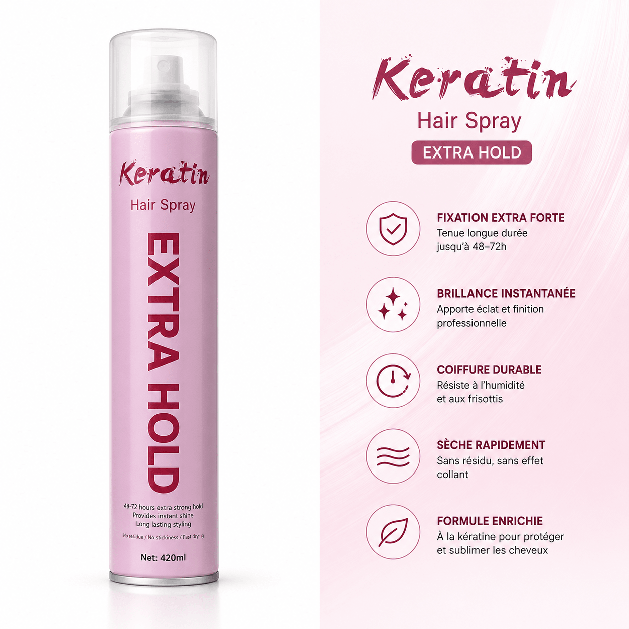 Keratin Hair Spray Extra Hold – Laque Fixation Extra Forte 420 ml - TENDANCES STYLES
