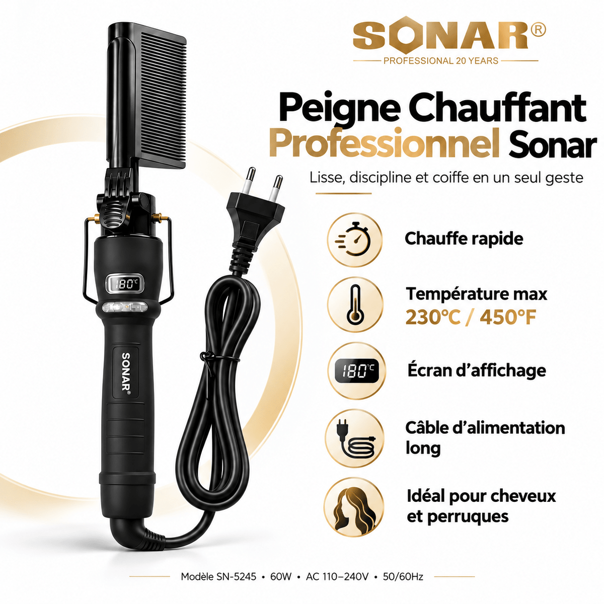 Peigne Chauffant SONAR SN-5245 Professionnel, Lisseur Électrique Cheveux et Perruques, Température 450°F - TENDANCES STYLES