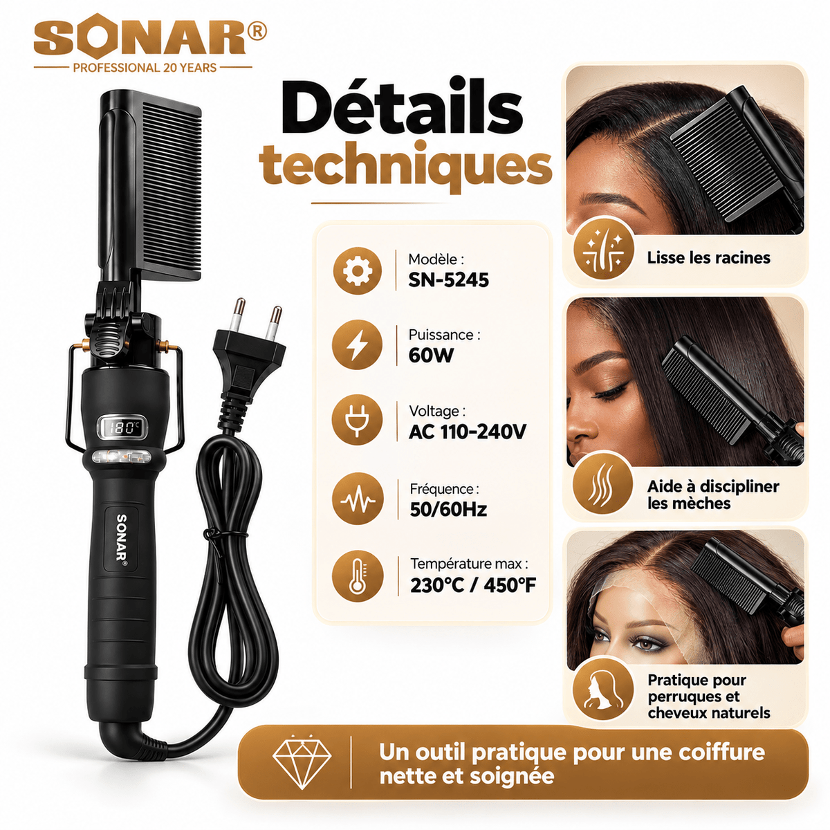 Peigne Chauffant SONAR SN-5245 Professionnel, Lisseur Électrique Cheveux et Perruques, Température 450°F - TENDANCES STYLES