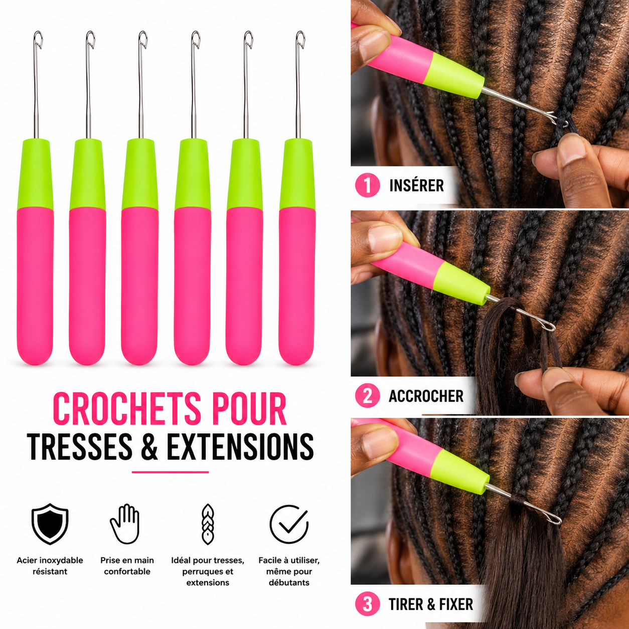 Lot de 6 Crochets pour Pose de Perruques, Tresses et Extensions