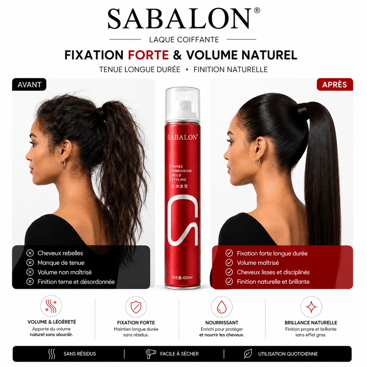 SABALON – Laque Coiffante Fixation Forte & Volume Naturel 420 ml - TENDANCES STYLES