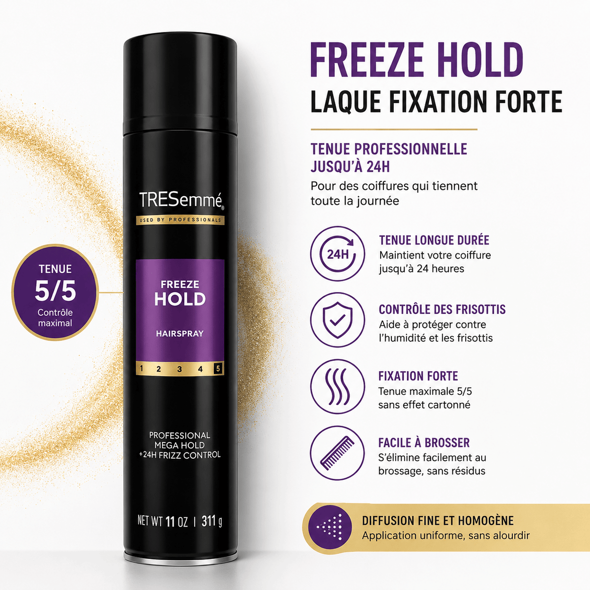 TRESemmé Freeze Hold – Laque Fixation Forte 5/5 & Contrôle Anti-Frisottis 24H – 311 g - TENDANCES STYLES